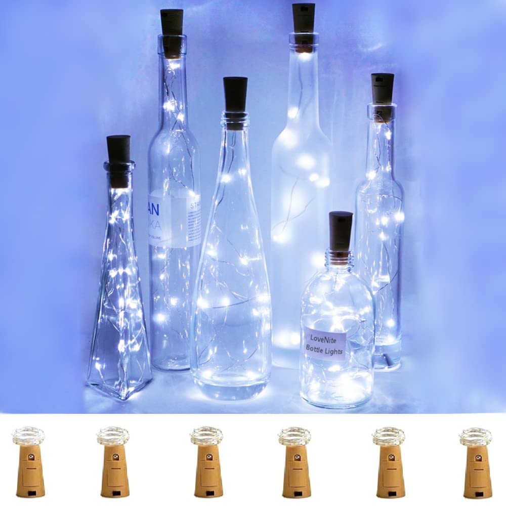6 Pack Battery Operated Wine Bottle Lights with Cork - 15 LED Cork-Shaped Silver Wire Fairy String Lights for DIY, Party Decor, Christmas, Halloween & Wedding (Cool White) | Perfect for Home Bar, Table Centerpieces & Outdoor Entertaining