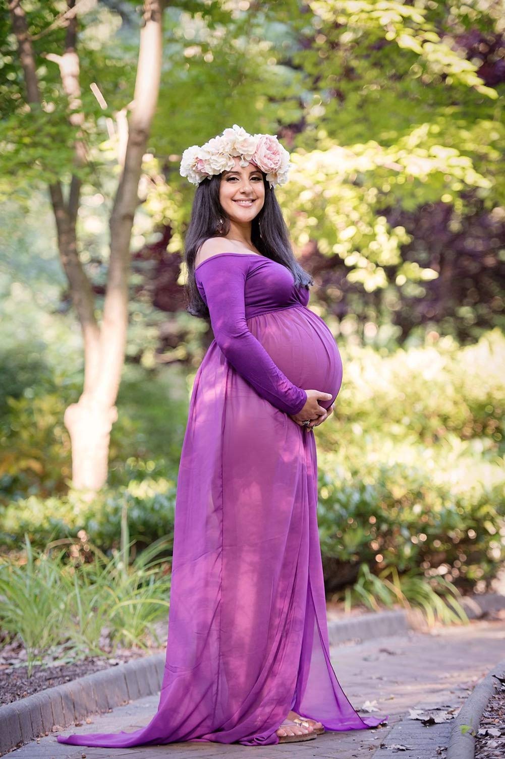 ZIUMUDY Maternity Maxi Chiffon Dress for Photoshoot - Elegant Split Front Gown for Pregnancy Photography, Baby Shower & Maternity Portraits