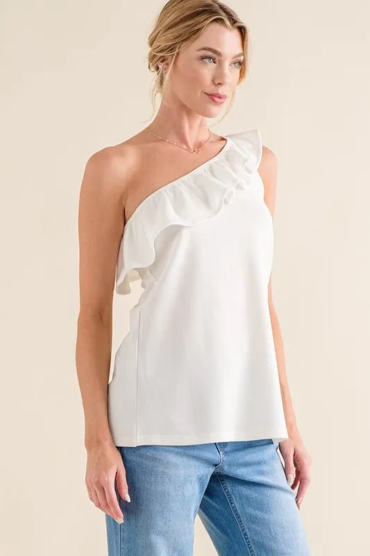 And The Why Ruffle One Shoulder Sleeveless Tank Top for Women - Chic Summer Blouse for Casual Outings & Date Nights