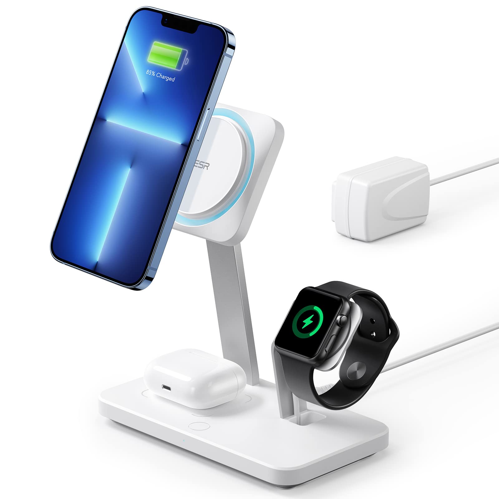 ESR CryoBoost 3-in-1 Magnetic Wireless Charger Stand with MagSafe - Fast Charging & Phone Cooling Pad for iPhone 15/14/13/12, AirPods Pro/3/2 - Includes Power Adapter (Arctic White) | Perfect for Home, Office & Nightstand Charging Station