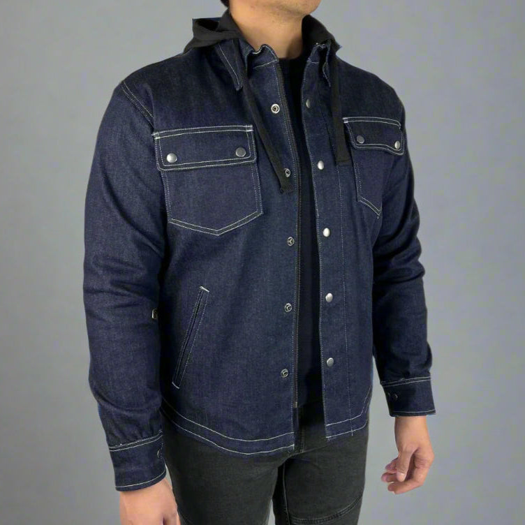Men's Armored Denim Shirt with Removable Hoodie - Stylish Protective Jacket for Motorcycle Riding & Outdoor Adventures