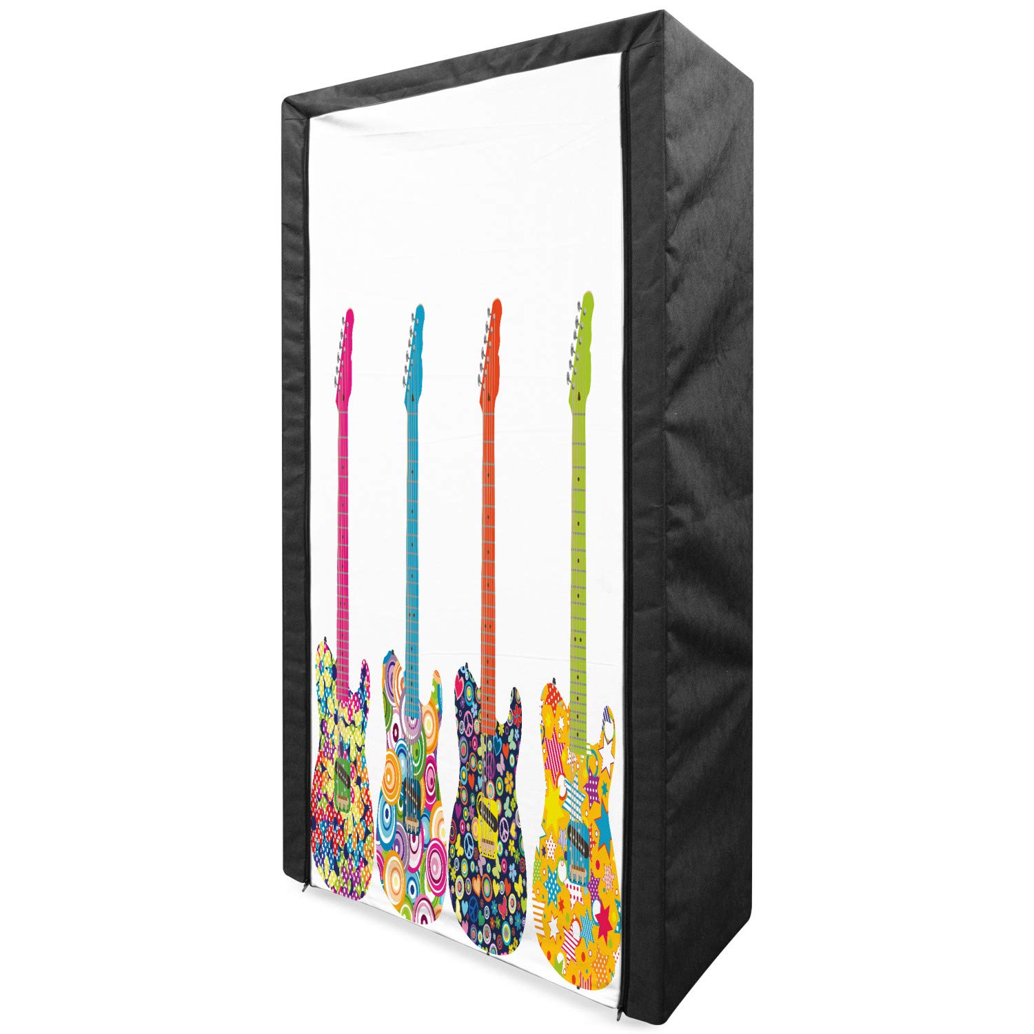 Ambesonne Popstar Party Portable Fabric Wardrobe - Electric Guitar & Floral Design Clothing Organizer with Shelves | 33.5