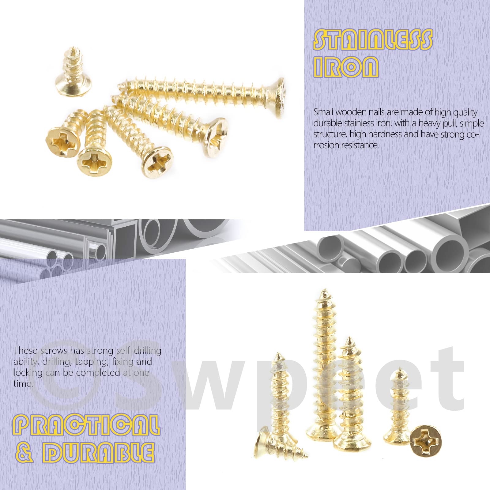 Swpeet 1295-Piece Small Wood Screws Assortment Kit - 5mm, 6mm, 8mm, 10mm, 12mm, 16mm Self Drilling Flat Head Phillips Screws - Gold Self Tapping Metal Screws for Furniture, Cabinets & DIY Projects