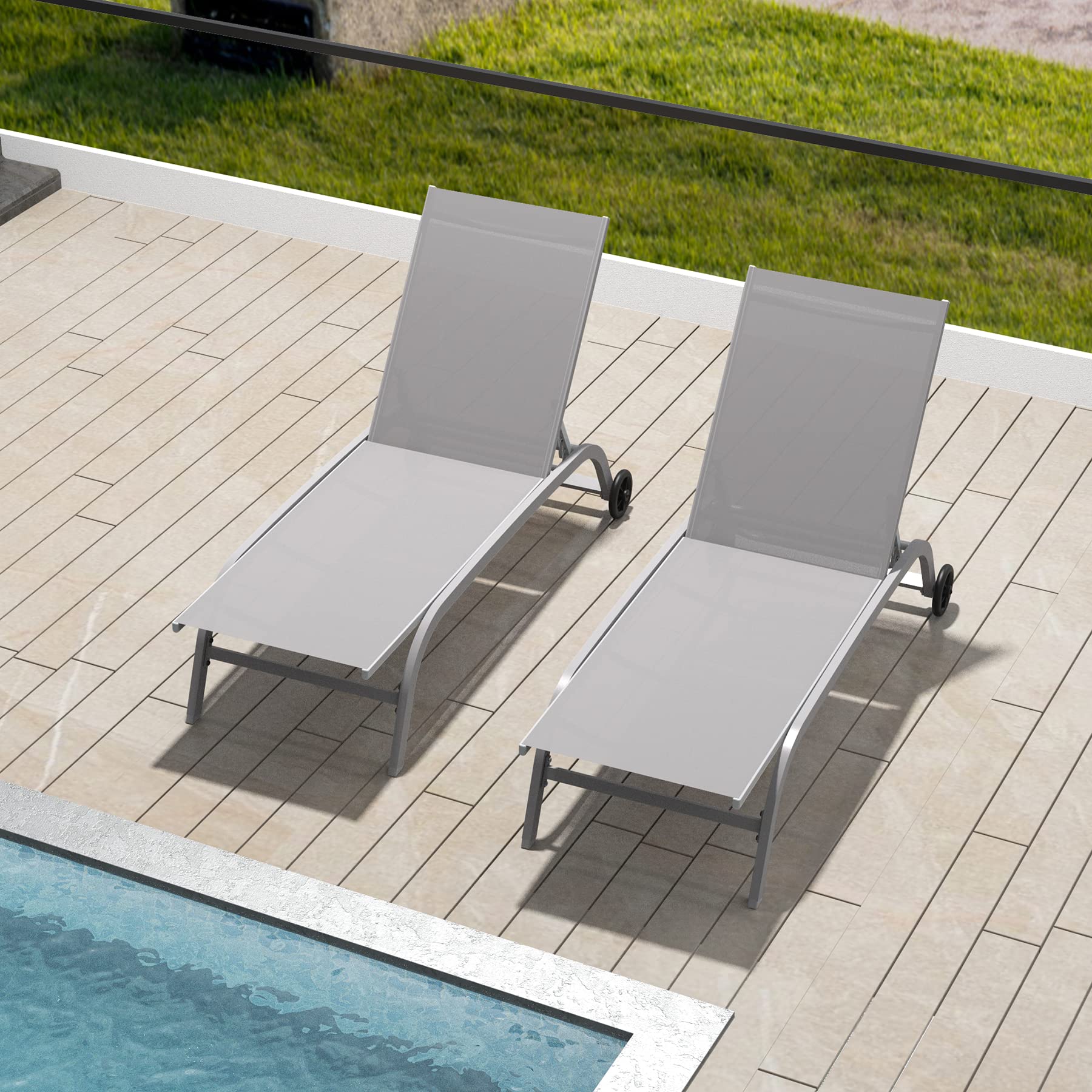 **Domi Outdoor Chaise Lounge Set of 2 - Adjustable Poolside Chairs with Wheels for Patio, Beach, Yard & Deck - Grey - Perfect for Sunbathing, Relaxing & Lounging by the Pool**
