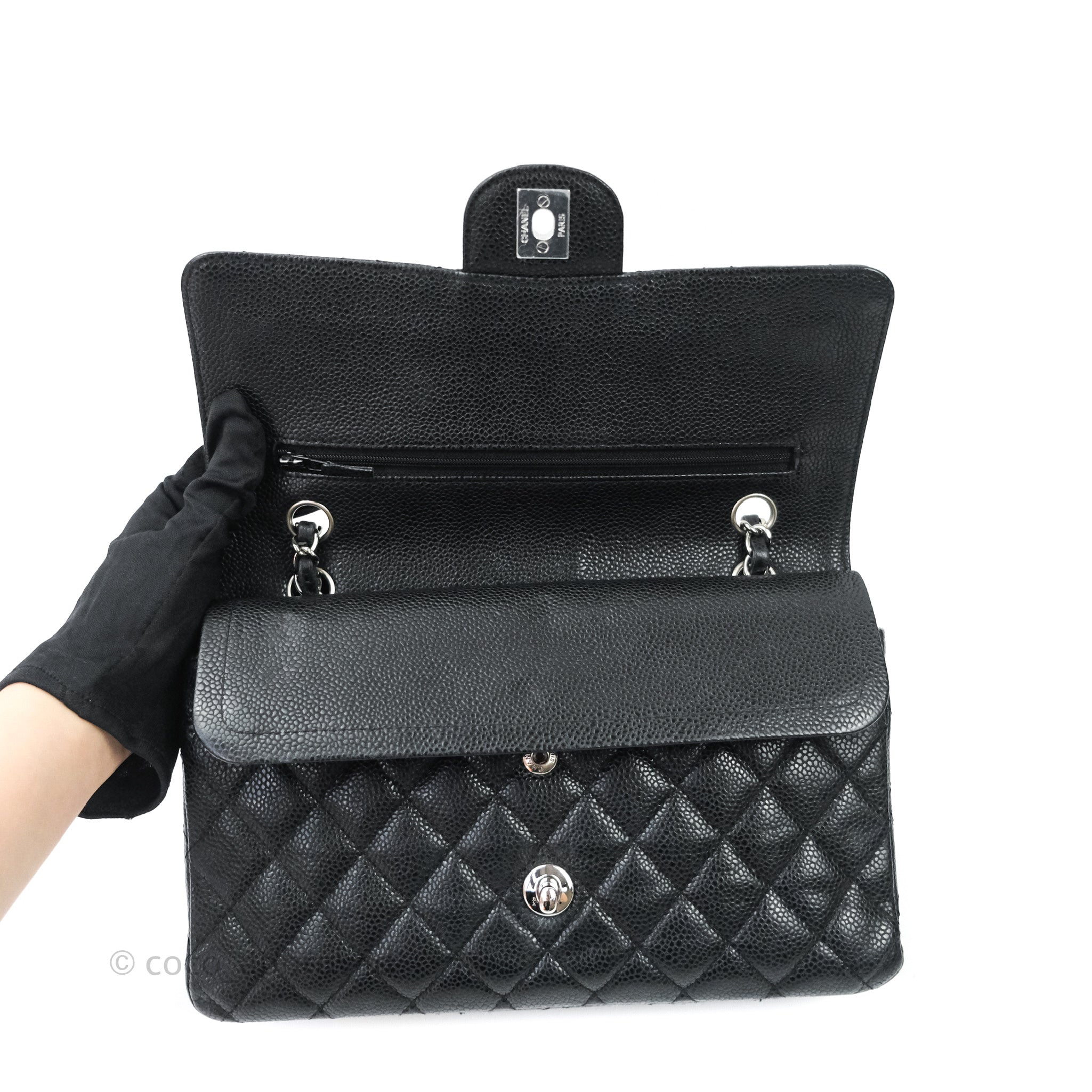 Chanel Classic M/L Medium Double Flap Bag Black Caviar Leather with Silver Hardware - Luxury Designer Handbag for Women, Perfect for Work, Evening Events & Special Occasions