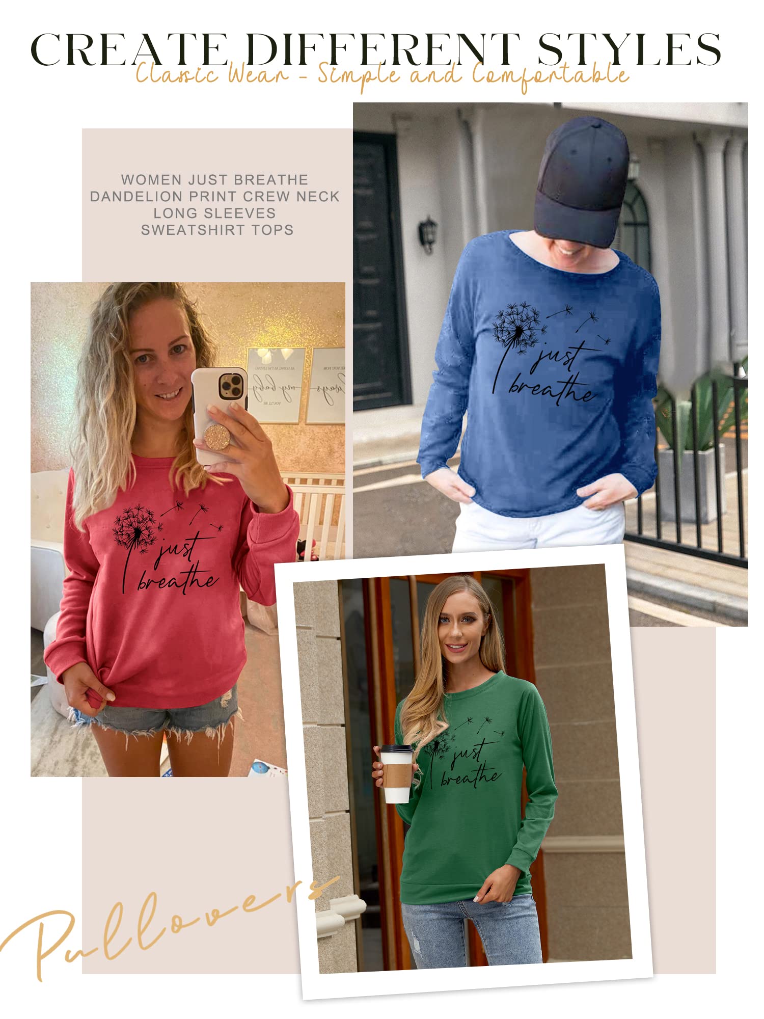 Ezcosplay Women's Dandelion Graphic T-Shirt - Just Breathe Letter Print Long Sleeve Sweatshirt - Casual Streetwear for Everyday Comfort & Yoga Outfits