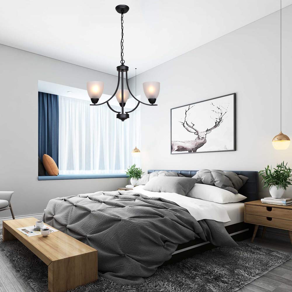 VINLUZ 3-Light Black Rustic Chandelier with Alabaster Glass Shades - Mid Century Modern Ceiling Pendant Lighting Fixture for Bedroom, Dining Room, Foyer & Living Room | Perfect for Farmhouse, Industrial & Contemporary Home Decor