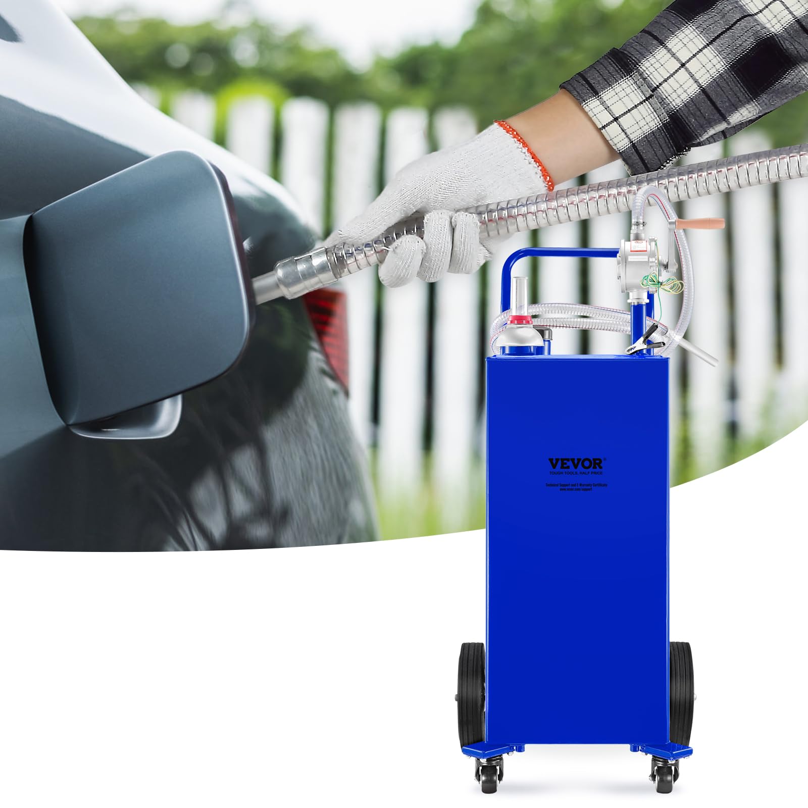 VEVOR 30 Gallon Fuel Caddy with Manual Transfer Pump - Heavy Duty Gas & Diesel Storage Tank on 4 Wheels - Portable Fuel Container for Cars, Lawn Mowers, ATVs, Boats - Ideal for Home, Farm & Worksite Use