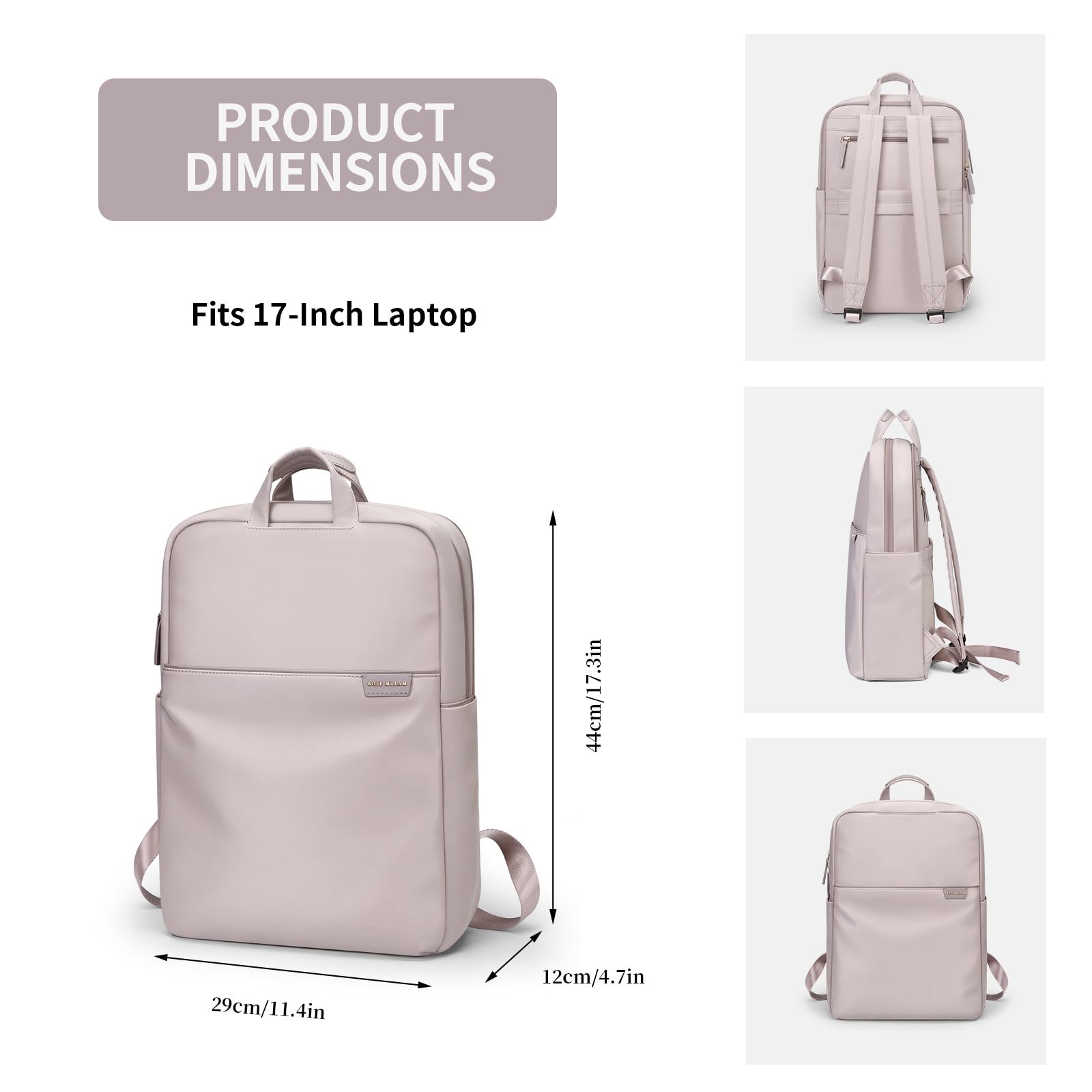 GOLF SUPAGS Anti-Theft Travel Laptop Backpack for Women - Slim Durable 17-Inch Computer Bag for College, Business & Work - Water-Resistant Business Backpack with USB Charging Port (Pinkish Grey) - Perfect for Commuting, Air Travel & Office Use