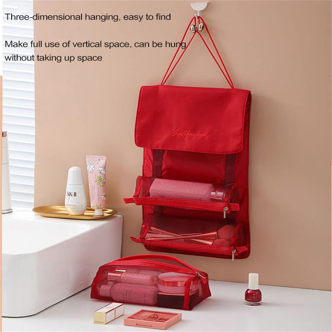 Large Waterproof Hanging Makeup Bag for Travel - Detachable Folding Cosmetic Organizer with Separate Compartments (Red) | Perfect for Toiletries Storage, Vacation Essentials & Daily Beauty Routine