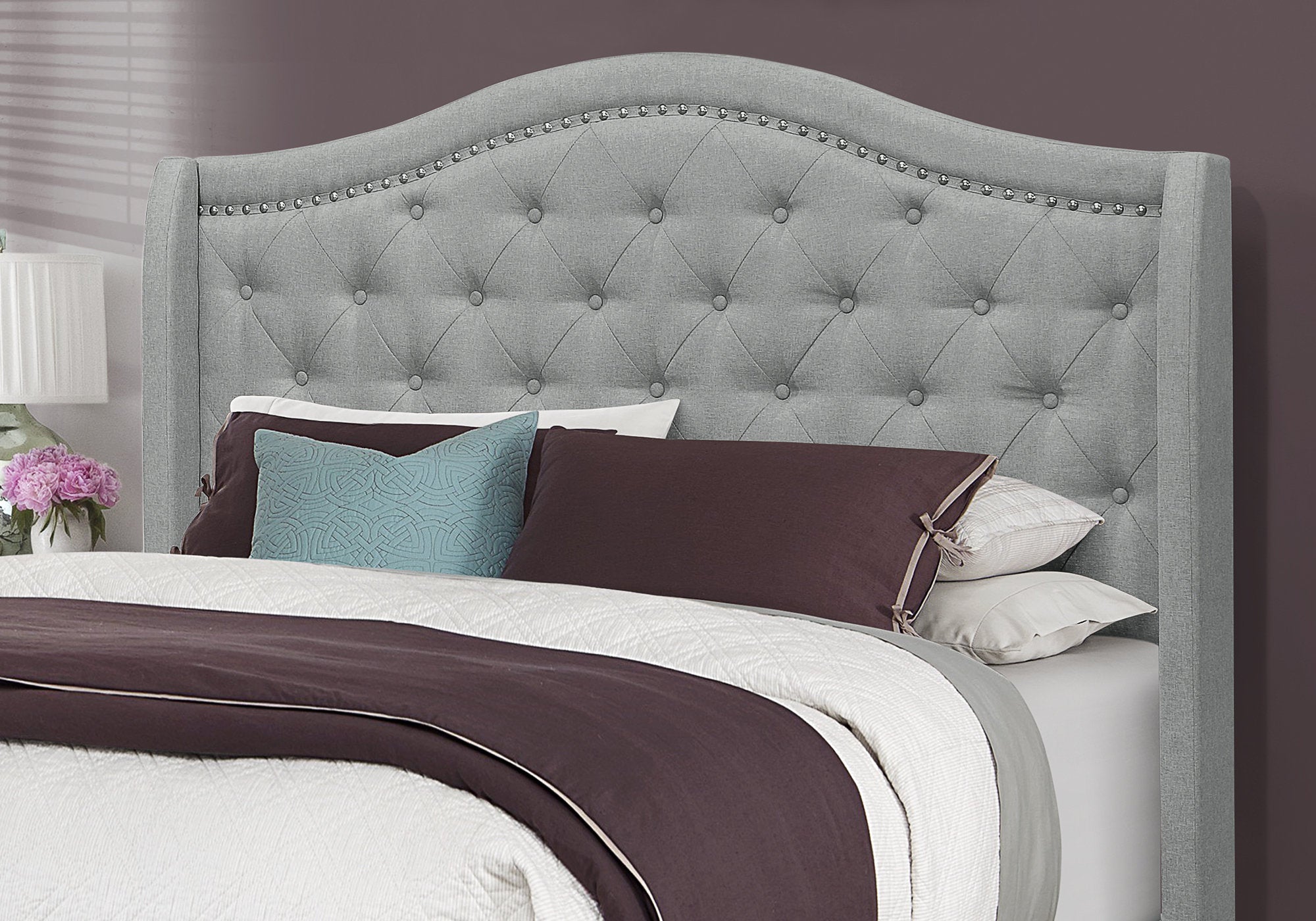 Queen Size Bed Frame with Grey Linen Upholstery & Chrome Trim - Modern Bedroom Furniture for Master Bedroom, Guest Room, or Apartment
