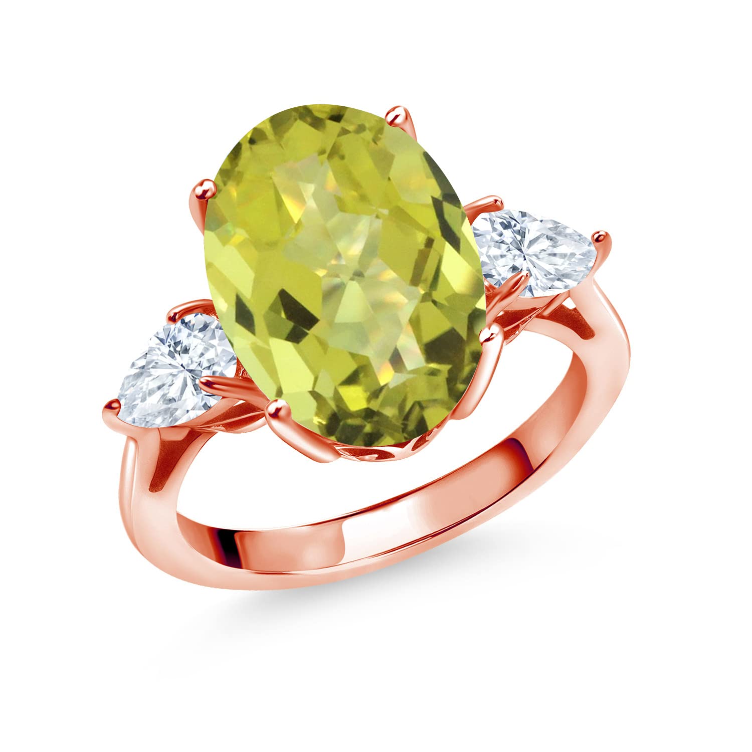 18K Rose Gold Plated Silver 3-Stone Ring with Oval Checkerboard Yellow Lemon Quartz & Moissanite (6.55 CTTW) - Elegant Jewelry for Women, Perfect for Engagement, Anniversary & Special Occasions | Gem Stone King