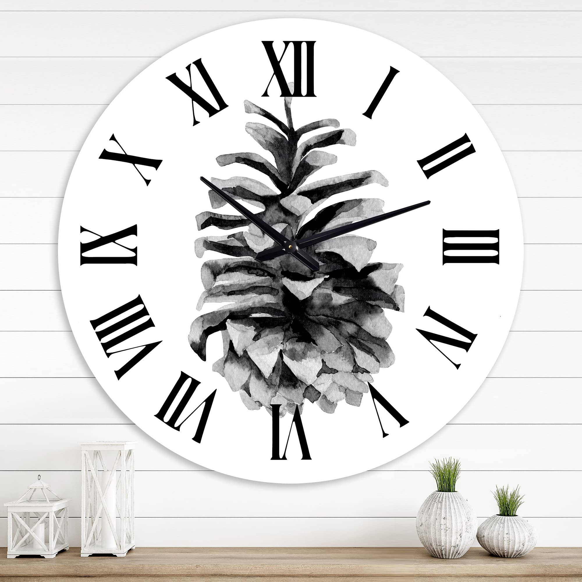 DesignQ Traditional Wall Clock 'Conifer Cone Monochrome' - Large Floral Botanical Wall Clock for Bedroom, Living Room & Office Decor - Perfect for Home, Office and Gift Giving