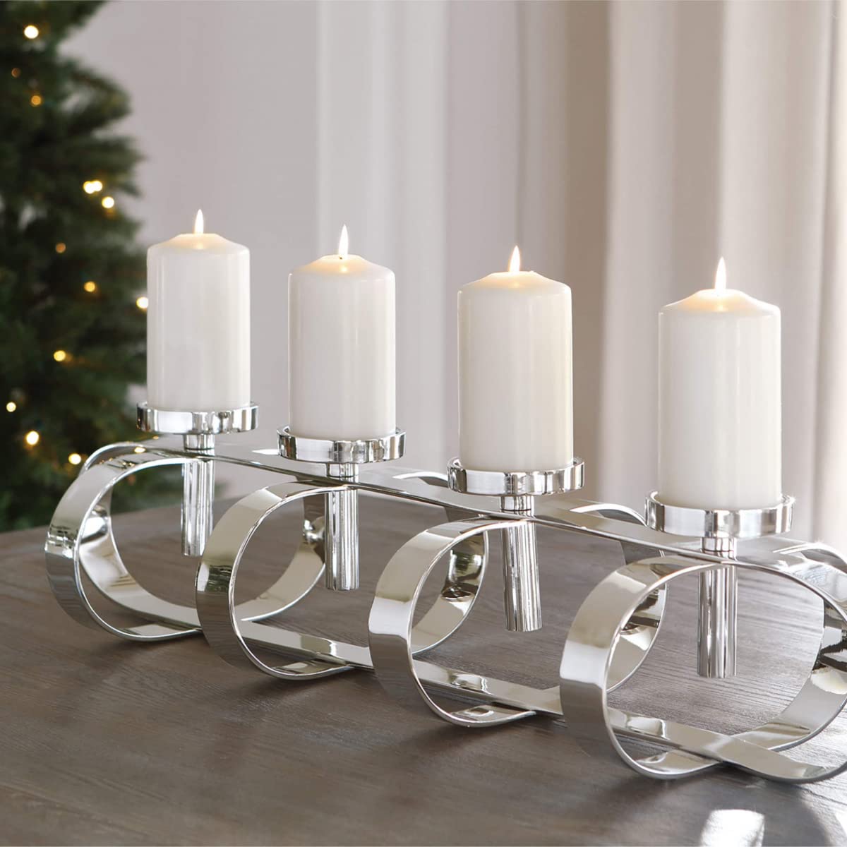 Gorden 158022 4-Bulb Aluminum Nickel-Plated Silver Pillar Candle Holder - 85 x 27 x 18 cm (LxWxH) - Elegant Home Decor for Dining Table, Wedding Centerpiece, and Church Altar Lighting
