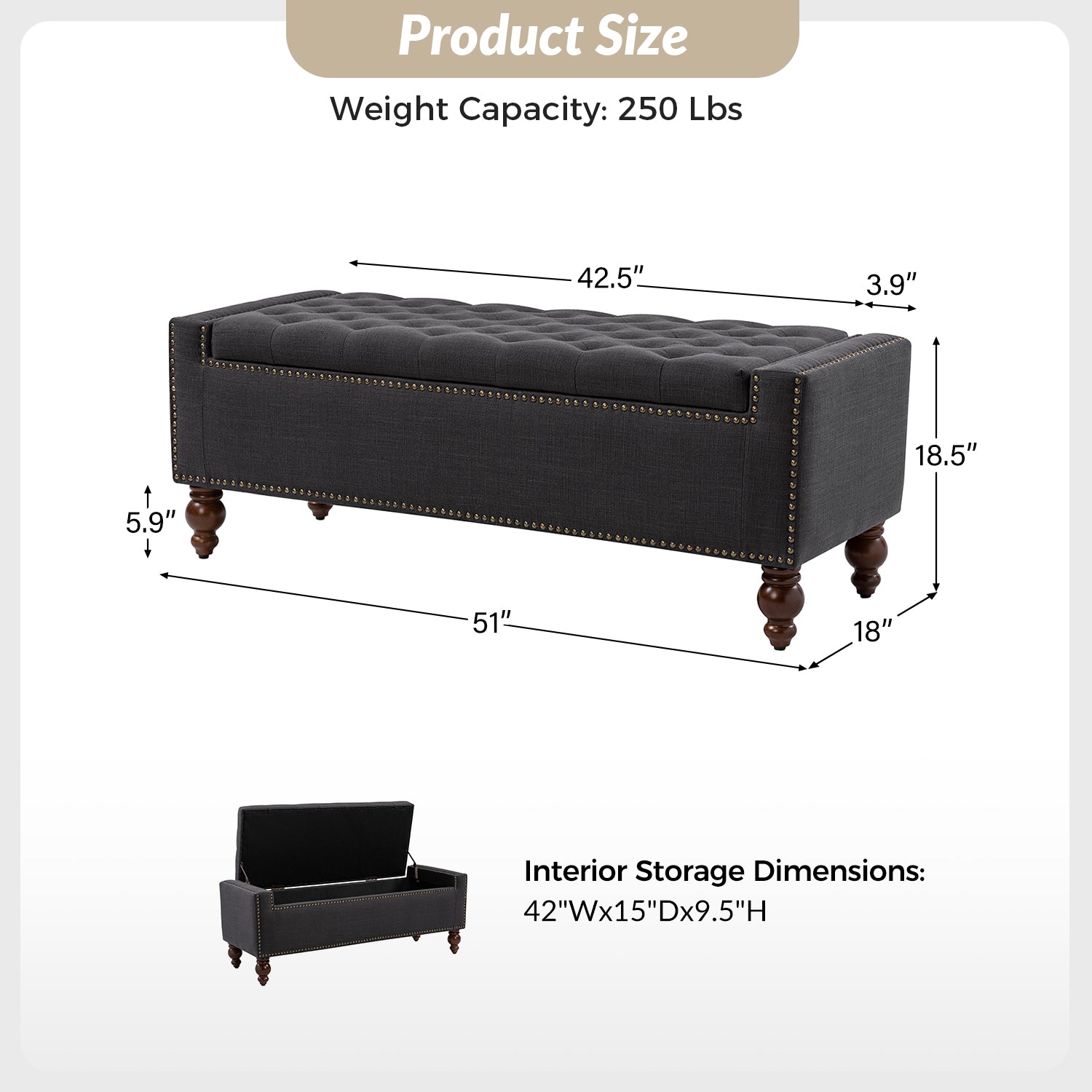 Eugen Upholstered Flip Top Storage Bench - Stylish Ottoman with Hidden Storage for Bedroom, Living Room & Entryway - Perfect for Seating, Storage & Home Decor