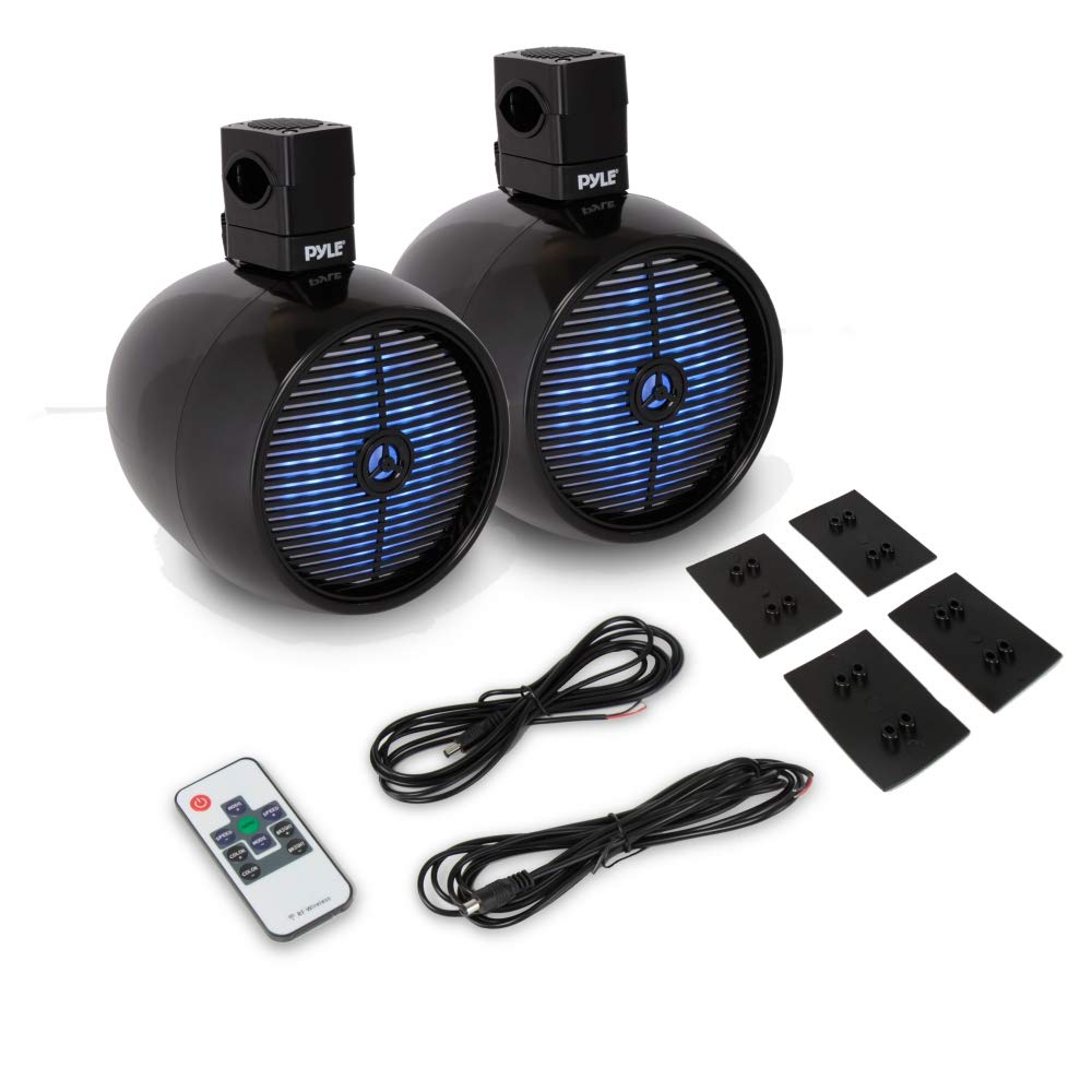 Pyle Marine Speakers - 8 Inch Waterproof IP44 Rated Wakeboard Tower Speakers with Built-in LED Lights, Weather Resistant Outdoor Stereo Sound System - 1 Pair Black (PLMRWB858LE) - Perfect for Boats, Wakeboarding, Pool Parties and Outdoor Entertainment