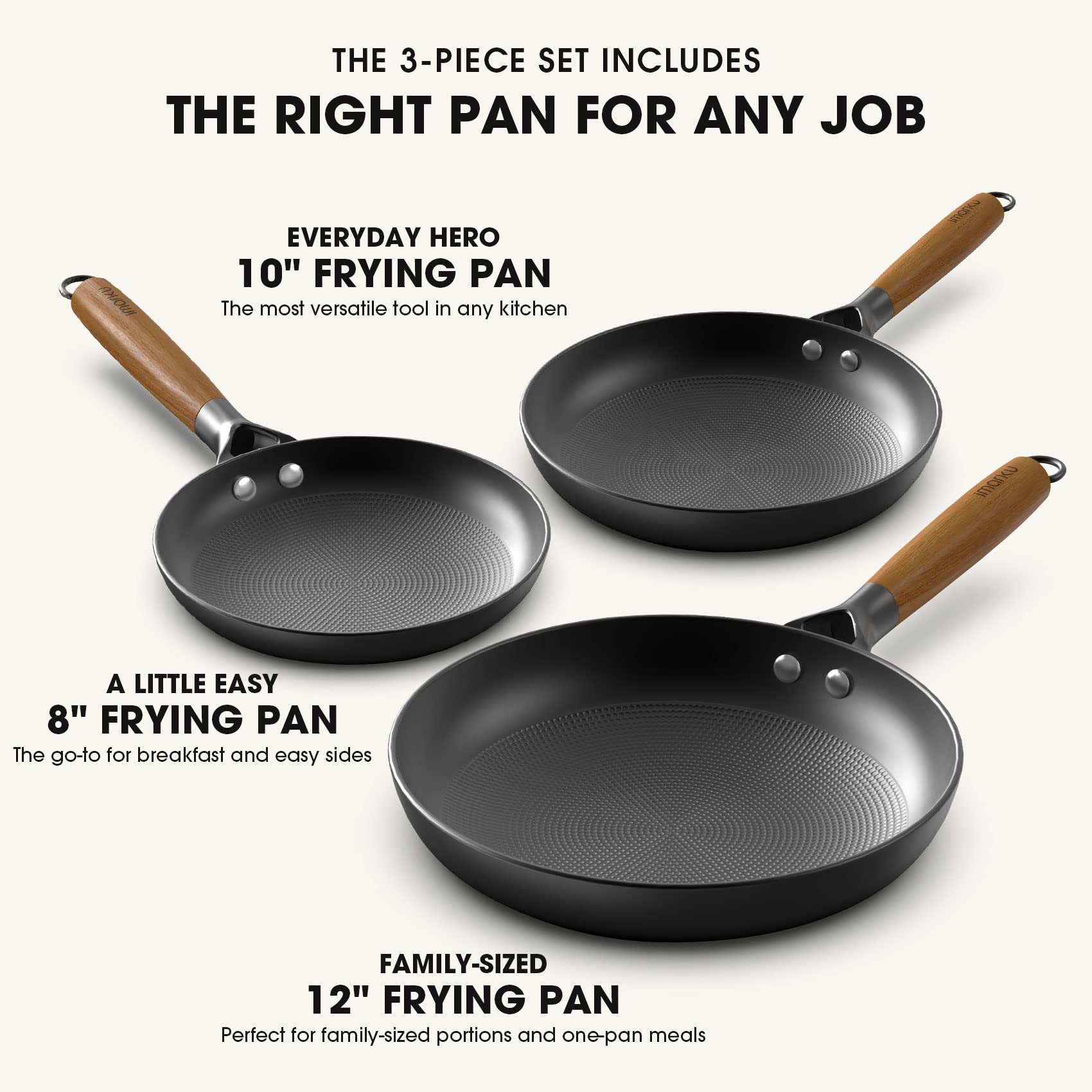 **Imarku Non-Stick Cast Iron Skillets - 8, 10 & 12 Inch Professional Frying Pan Set | Dishwasher Safe, Detachable Handle | Perfect for Home Cooking, Camping & Gifts for Women & Men**