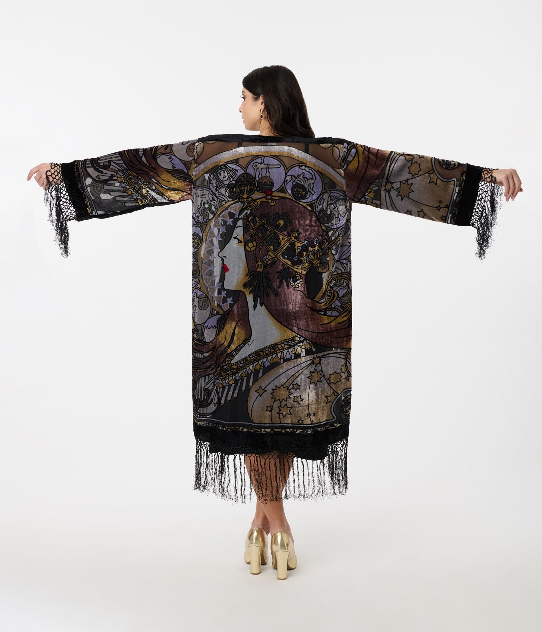 1920s Black Zodiac Goddess Devore Velvet Scarf Coat - Vintage Flapper Style Shawl for Women, Gothic Fashion Accessory, Perfect for Halloween Costumes & Steampunk Outfits