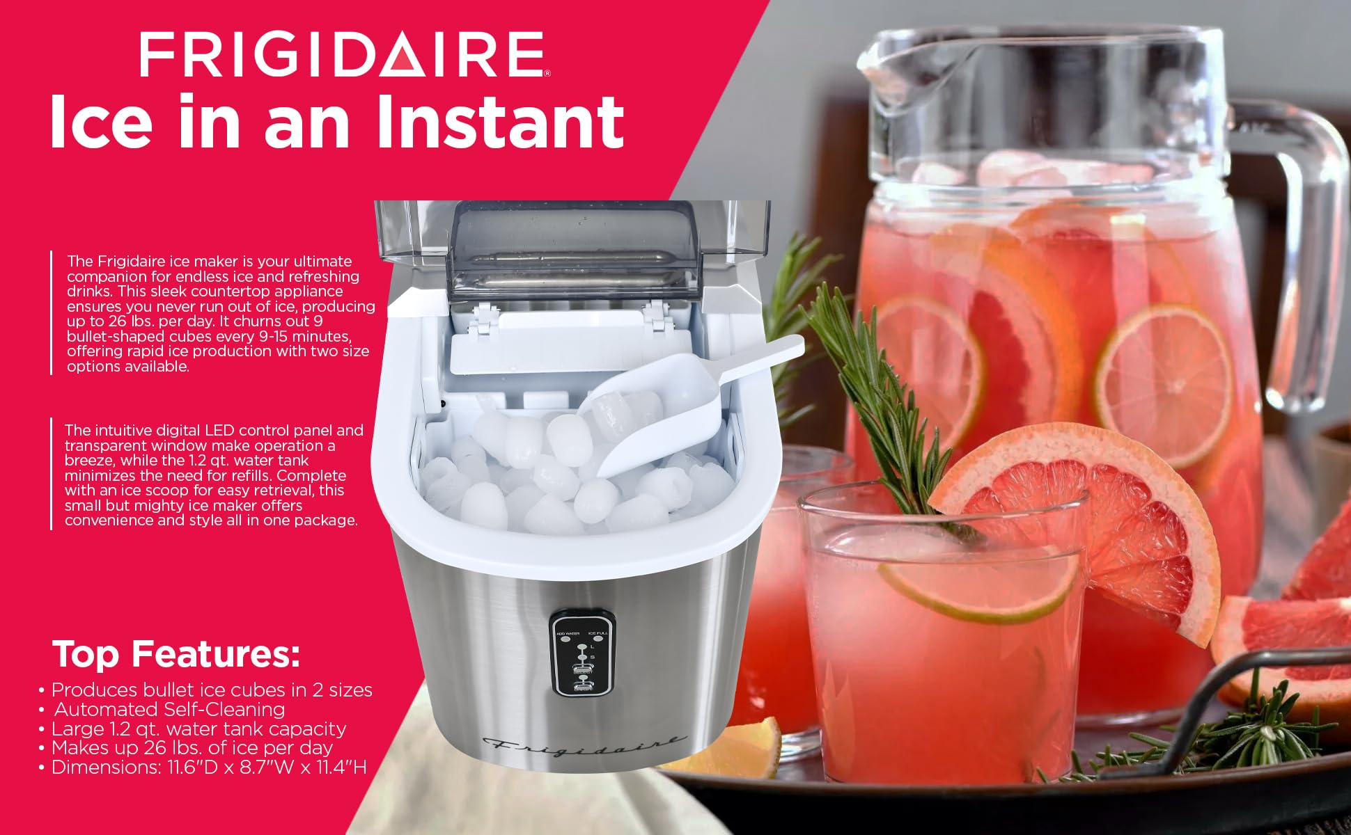 Frigidaire EFIC103 Heavy Duty Countertop Ice Maker Machine - 26 lbs Daily Output, Black Stainless Steel - Perfect for Home, Office, Parties & Outdoor Events
