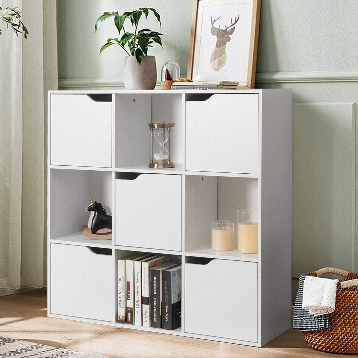 DORTALA 9-Cube Storage Organizer Cabinet with Doors - 4 Open Cubes & 5 Cabinets - 3-Tier Bookshelf for Home Office, Living Room, Bedroom - Perfect for Organizing Books, Toys, Decorations & Display Items