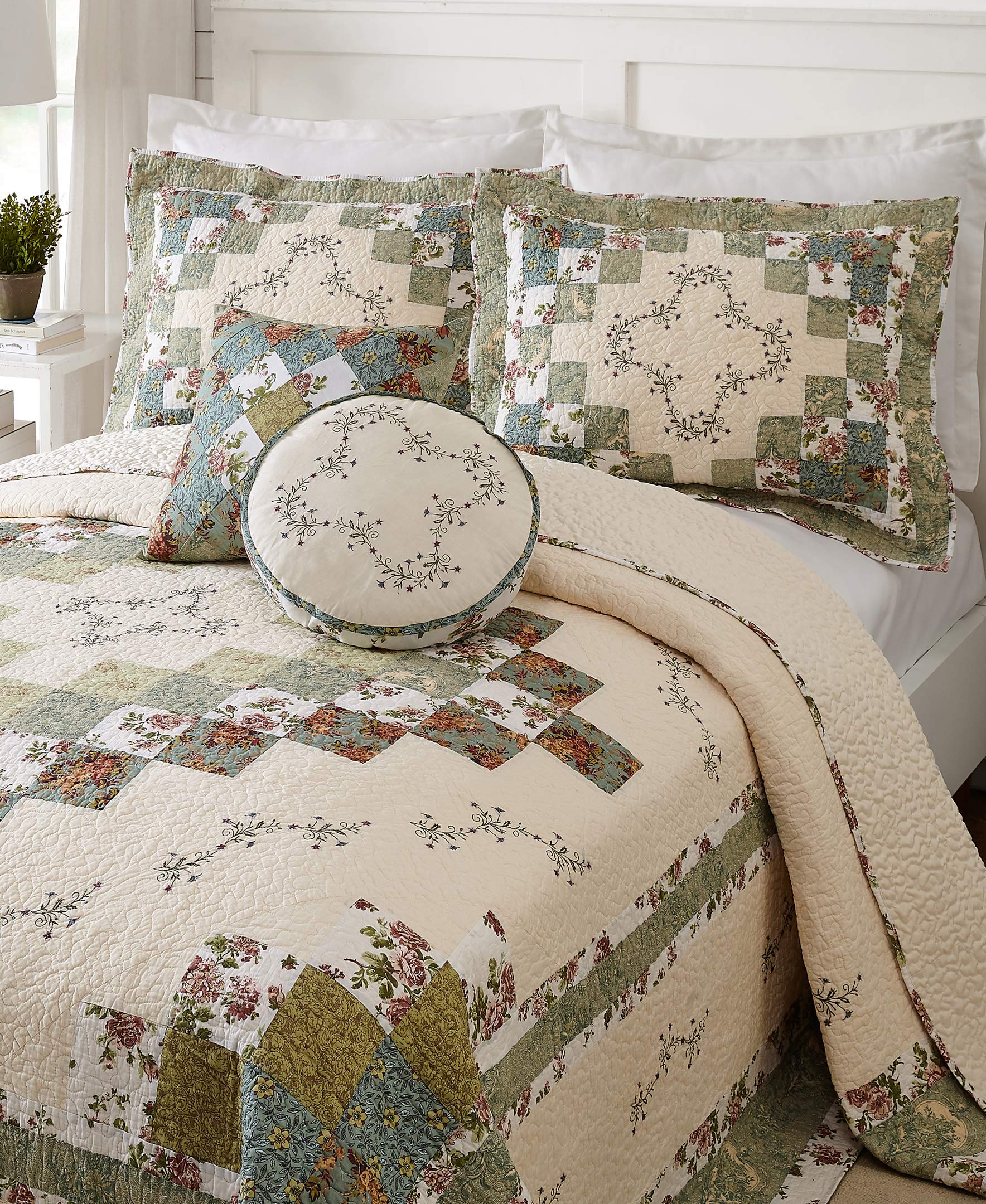 Olivia Embroidered Quilted Standard Pillow Sham - Green/Cream, Perfect for Bedroom Decor & Cozy Living Room Accent