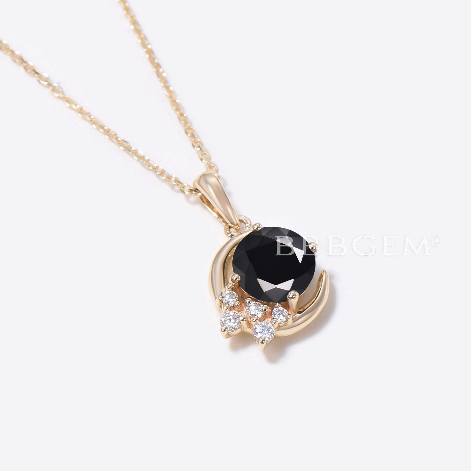 Black Onyx Round Cut Moon Pendant Necklace with Diamond Cluster in 14K Yellow Gold - Elegant Jewelry for Evening Wear & Special Occasions
