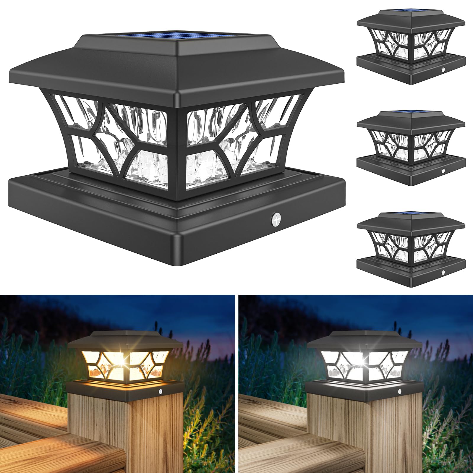 VOLISUN Solar Post Cap Lights Outdoor - 4Pack Waterproof Solar Deck Lights for 4x4 Vinyl/Wood Fence - Cool/Warm White LED Garden Lighting for Patio, Porch, Pathway & Backyard Decor