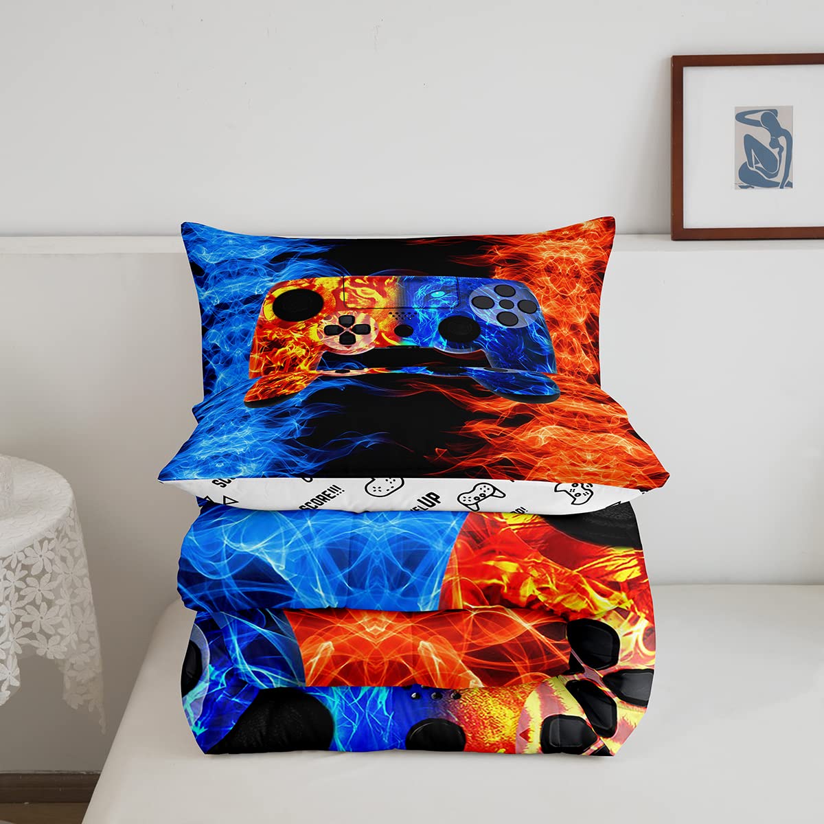 Erosebridal Boys Twin Gaming Comforter Set - Blue & Orange Video Game Themed Bedding for Kids & Teens - Perfect for Gamer Bedrooms, Sleepovers & Cozy Gaming Sessions