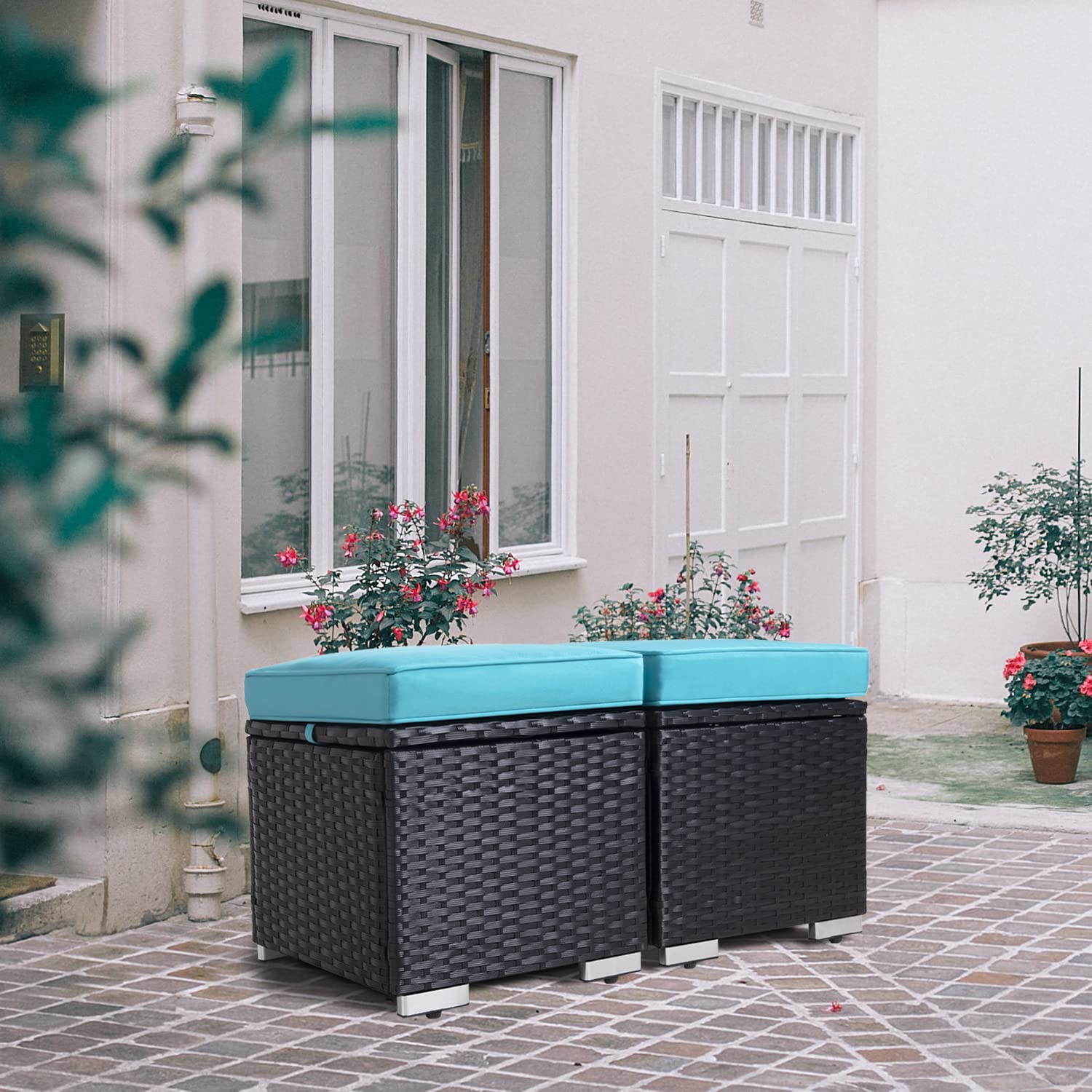 2-Piece Outdoor Rattan Ottoman Set with Storage & Removable Cushion - Waterproof Wicker Footstool for Patio, Balcony, Poolside - Perfect for Relaxing in Backyard, Garden or Living Room (Black)