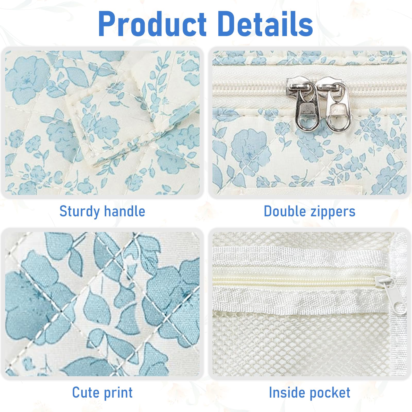 Large Floral Quilted Makeup Bag Set - Cute Cotton Cosmetic Organizer with Zipper, Travel Toiletry Pouch for Women & Teen Girls (Blue) - Perfect for Travel, Daily Use & Gift Giving