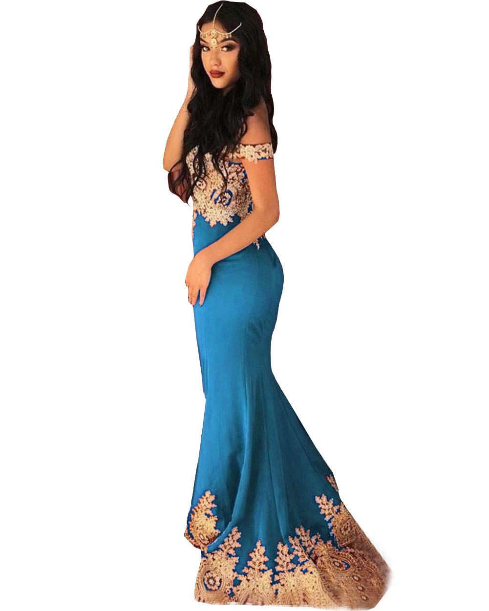 Emanni Women's Gold Lace Applique Mermaid Prom Dress - Off Shoulder Formal Evening Gown for Homecoming, Wedding Guest & Black Tie Events