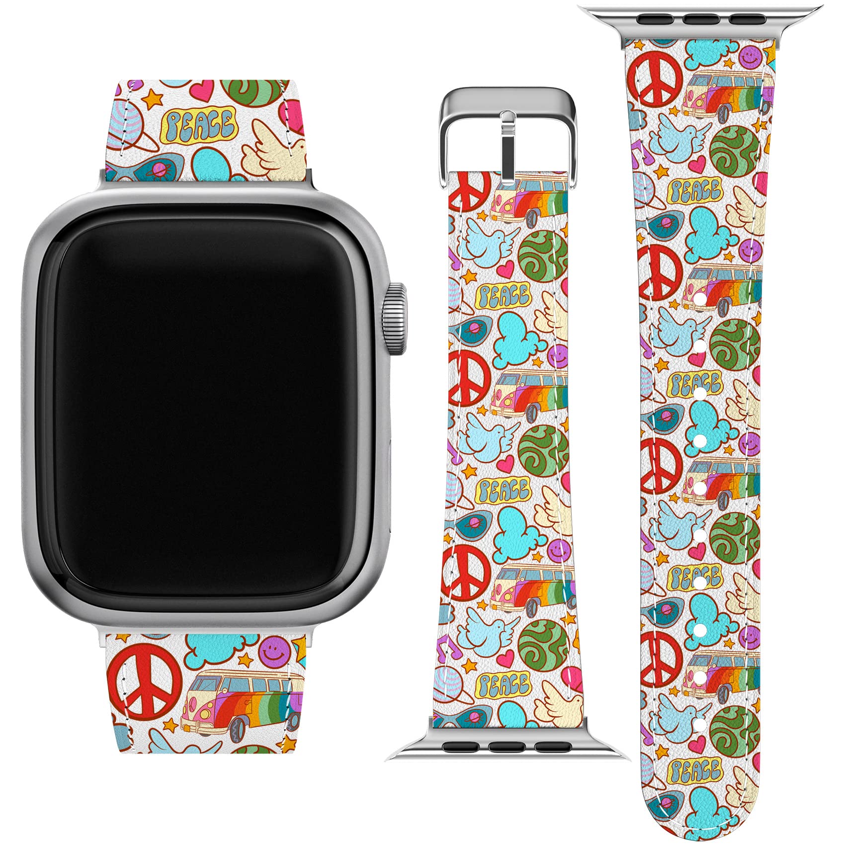 Retro Flower Print PU Leather Wristband for Apple Watch Series 7/6/5/4/3/2/1/SE (38-40-42-44mm) with Matching Phone Case - 60s Hippie Style Replacement Strap for Workouts, Yoga & Casual Wear