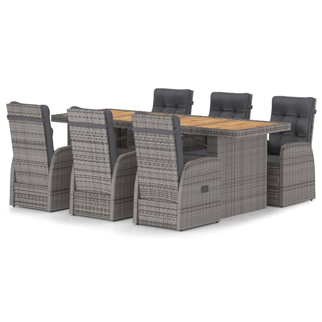 7-Piece Gray Poly Rattan Patio Dining Set with Cushions & Acacia Wood Tabletop - Adjustable Reclining Chairs for Outdoor Entertaining, Backyard BBQs & Poolside Relaxation