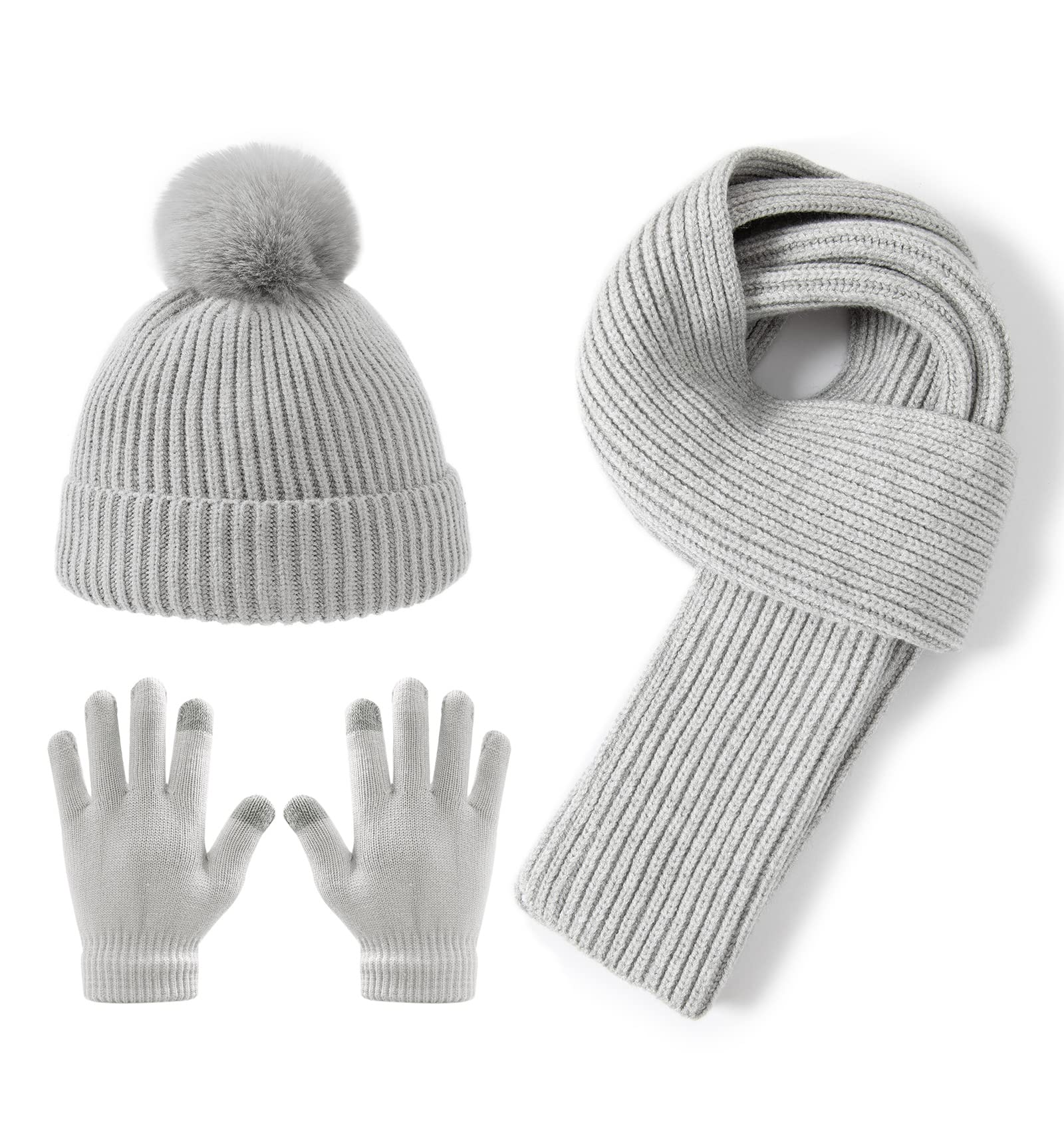 Lallier 3-Piece Winter Hat Scarf Gloves Set for Kids - Warm Knit Pom-Pom Beanie & Snow Gloves for Boys Girls Toddlers - Perfect for Outdoor Play, Snow Days & Cold Weather Activities