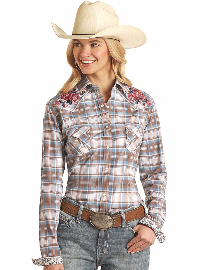 Panhandle R4S3271 Women's Long Sleeve Plaid Shirt in Taupe - Perfect for Fall Layering and Office Wear