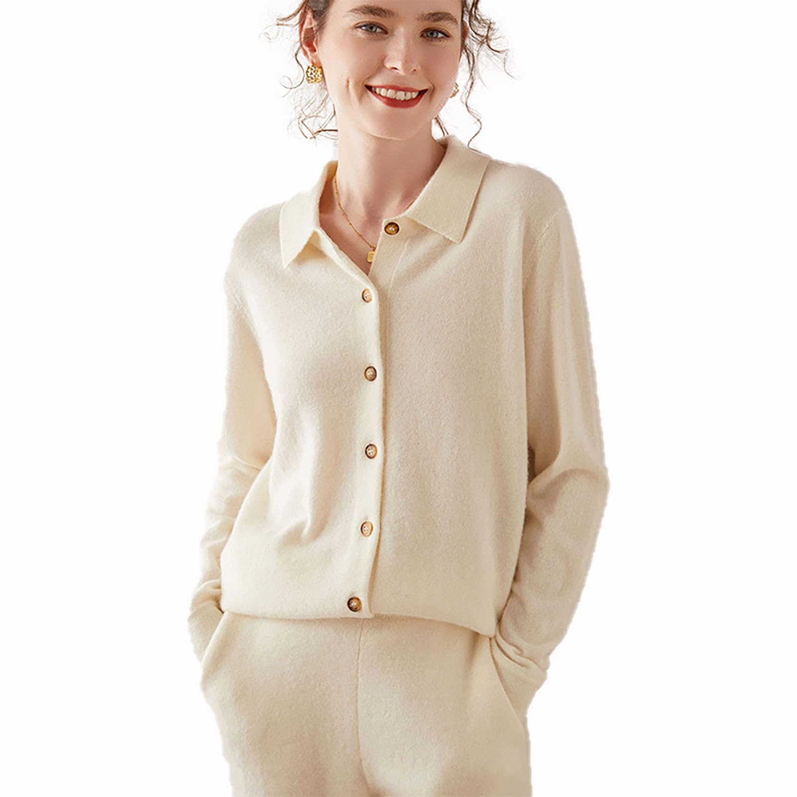 100% Pure Cashmere Women's Long Sleeve Button Front Cardigan Sweater - Polo Neck, White, Large | Soft & Warm Winter Knitwear for Office, Travel & Casual Outfits