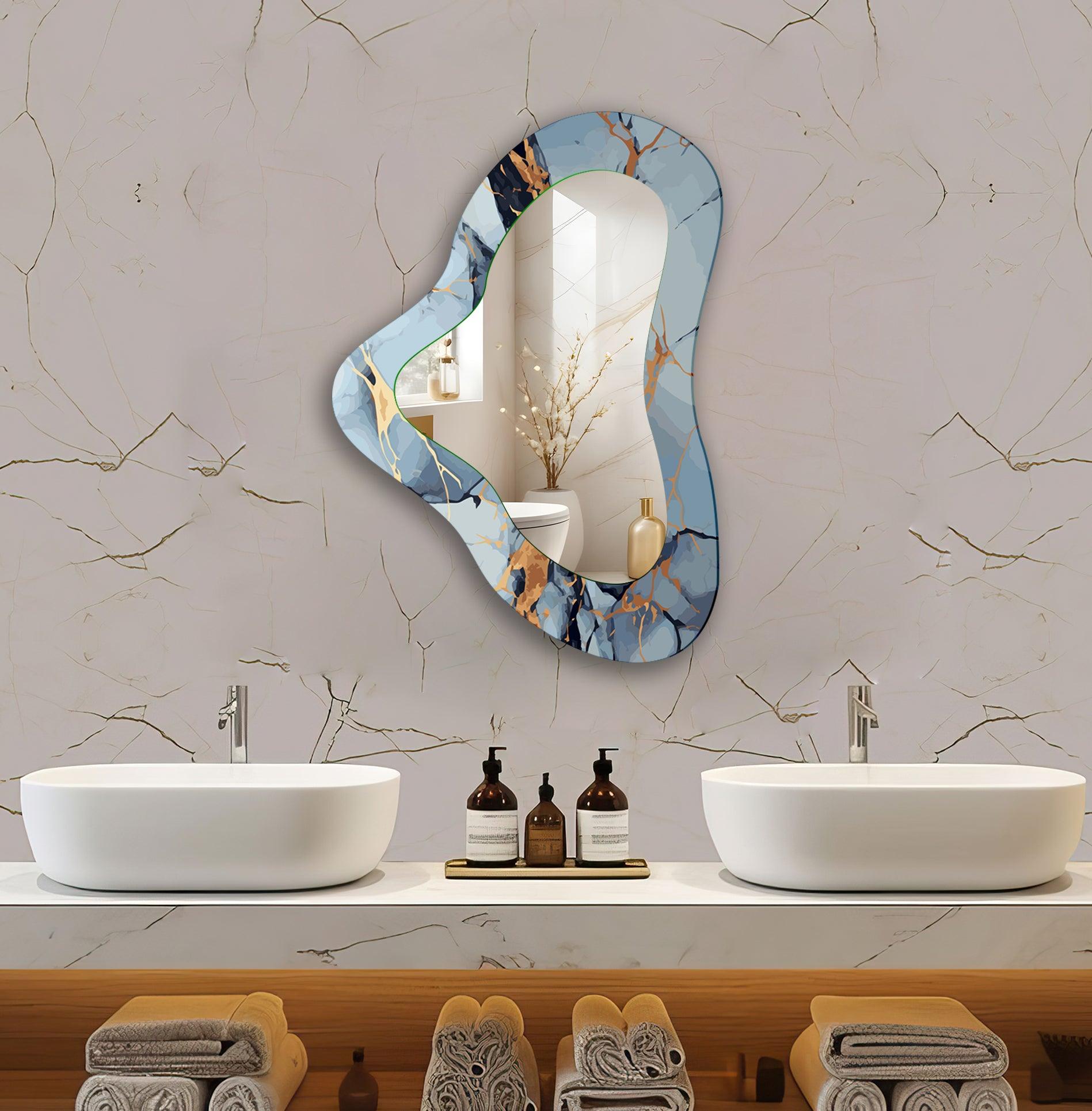 Blue Marble Asymmetrical Glass Wall Mirror - Modern Decorative Mirror for Living Room, Bedroom & Entryway - Unique Handcrafted Home Decor Accent Piece