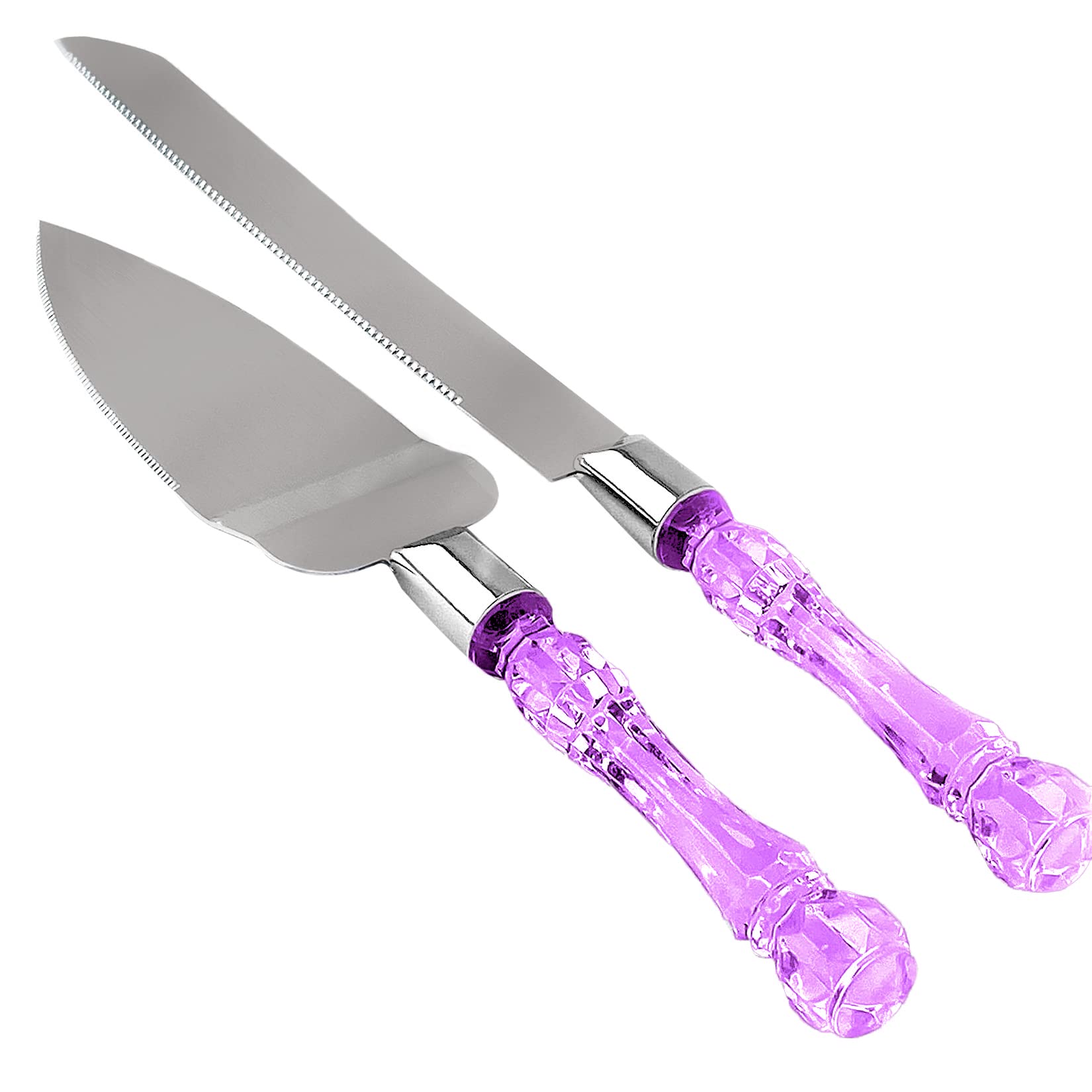 Premium Acrylic Crystal Handle Cake Knife and Server Set - Elegant Cake Cutter & Pie Spatula for Wedding, Birthday, Party Desserts (Purple Silver) - Perfect for Cake Cutting Ceremonies, Buffet Serving & Special Occasions