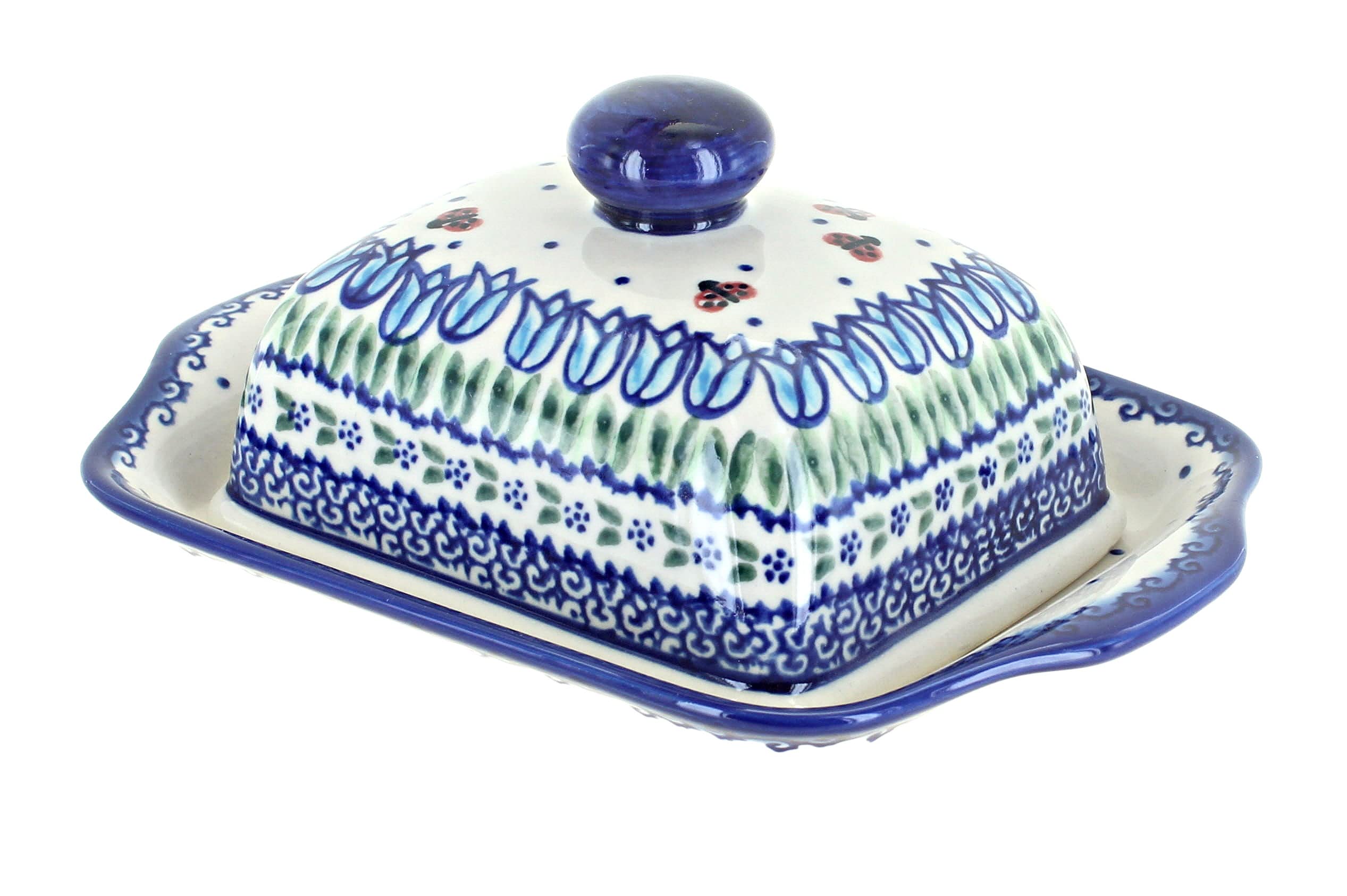 Handmade Blue Rose Polish Pottery Butter Dish with Tulip Design – Perfect for Garden Tea Parties, Country Kitchens & Rustic Home Decor