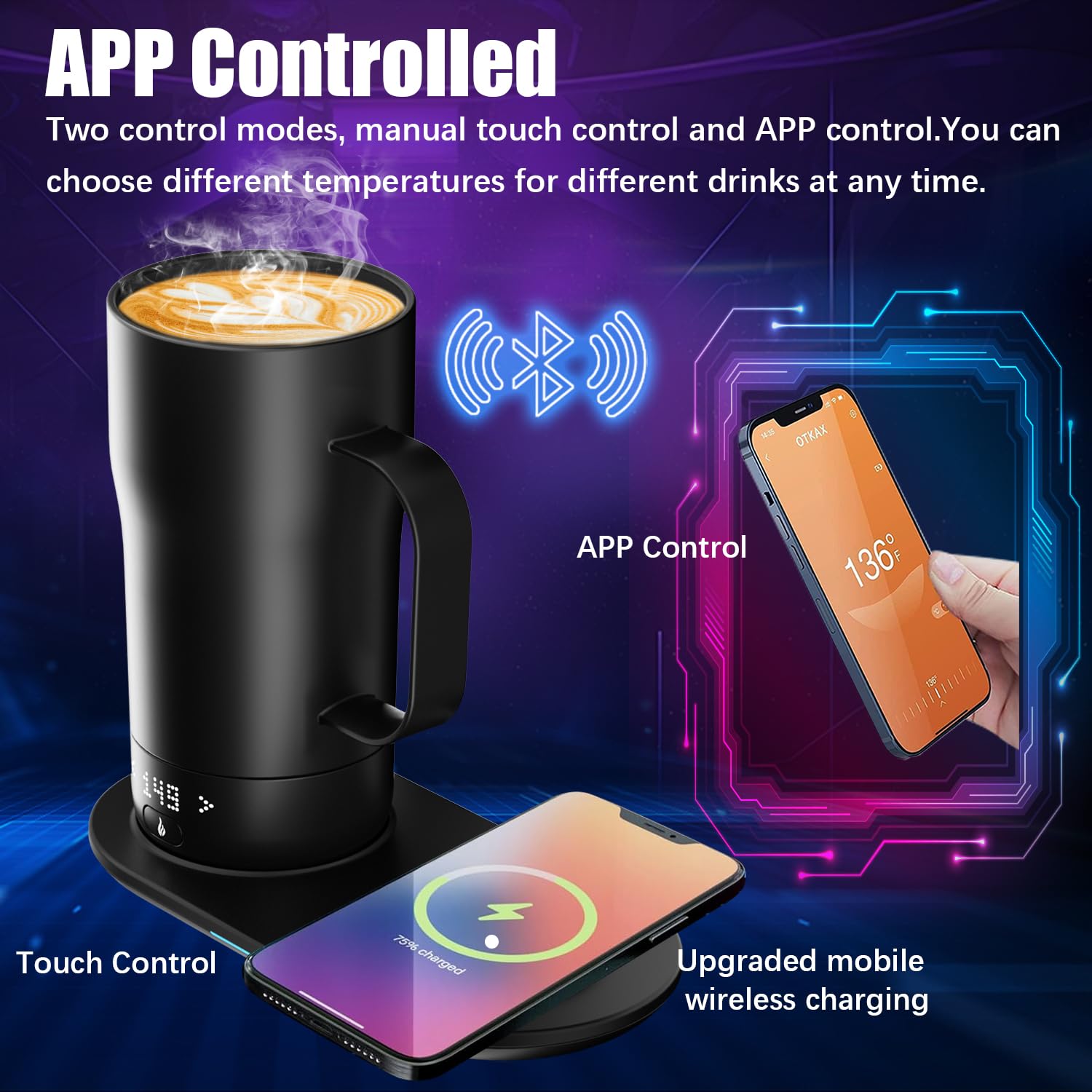 Smart Self Heating Coffee Mug 18 Oz - Temperature Control & App Controlled Warmer Mug with LED Display - Keeps Coffee Hot for 5-10 Hours - Fast Wireless Charger Base (Dull Black) - Perfect for Office, Travel & Home Use