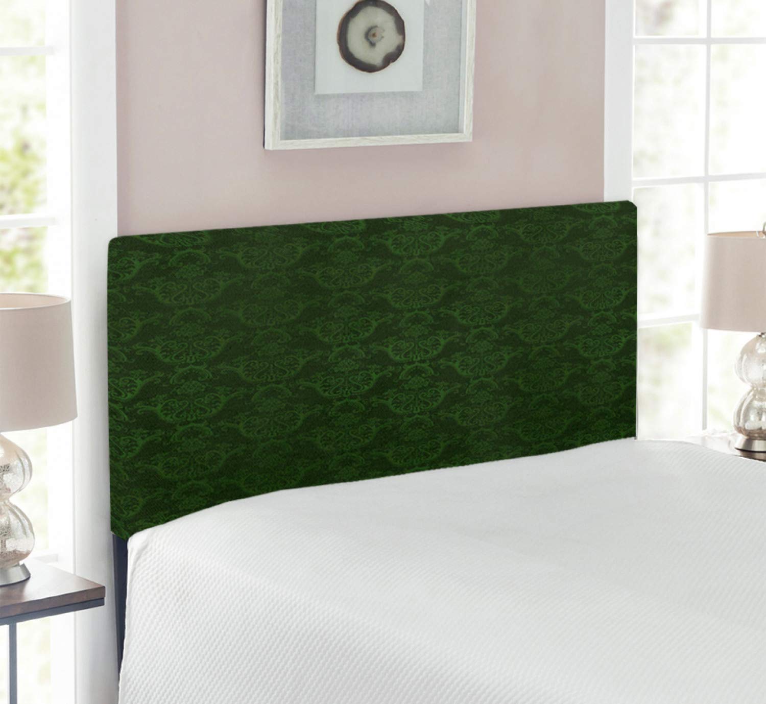 Victorian Damask Rococo Renaissance Floral Headboard - Hunter Green Upholstered Metal Bed Frame with Memory Foam for Twin Size Beds | Classic Swirled Petal Pattern for Bedroom Decor & Guest Room Elegance
