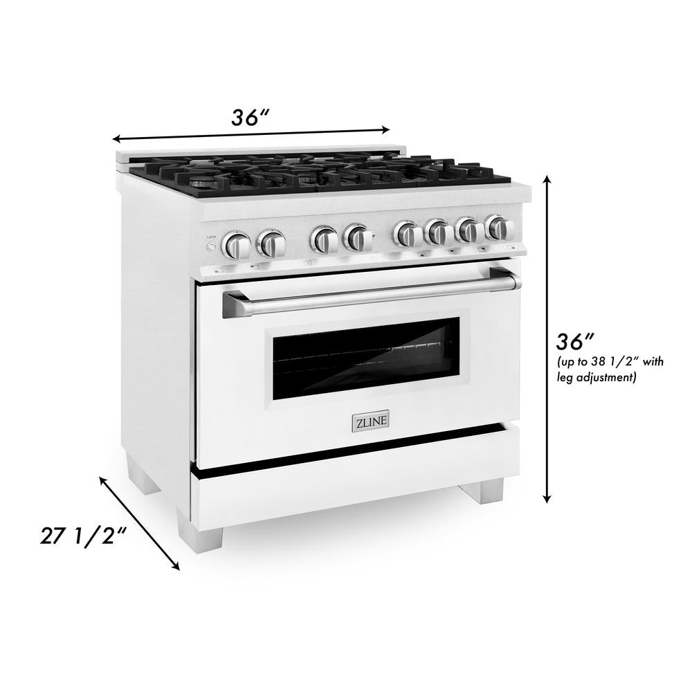 ZLINE 36-inch Professional Dual Fuel Range Kitchen Package - Stainless Steel Gas Stove with White Matte Door & Convertible Vent Hood - Perfect for Home Chefs & Modern Kitchens