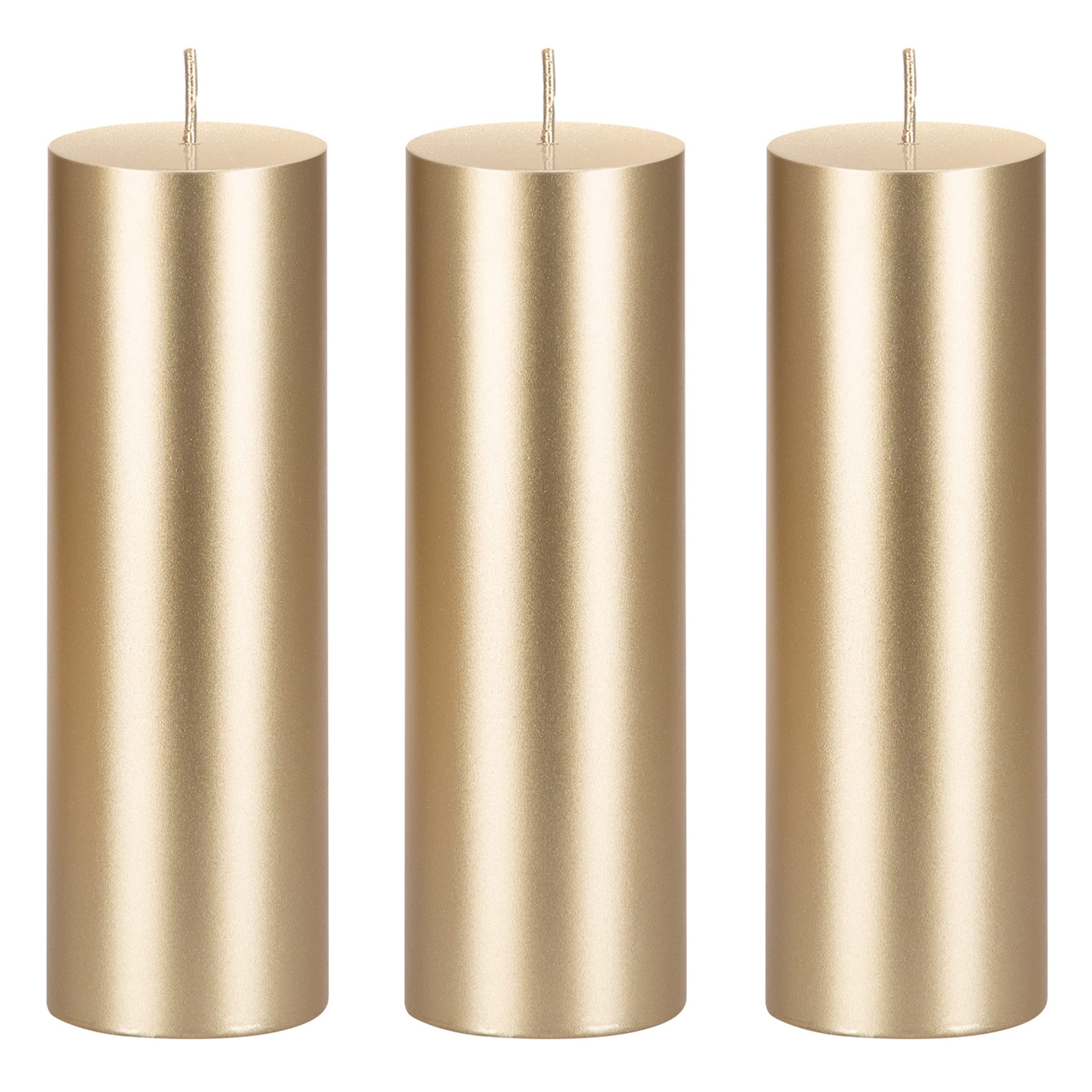 Premium Unscented Solid Gold Pillar Candles Set of 3 - Hand-Poured 2x6 Inch Luxury Wax Candles for Home Decor, Weddings, Spa Relaxation, Holiday Centerpieces & Prayer Vigils