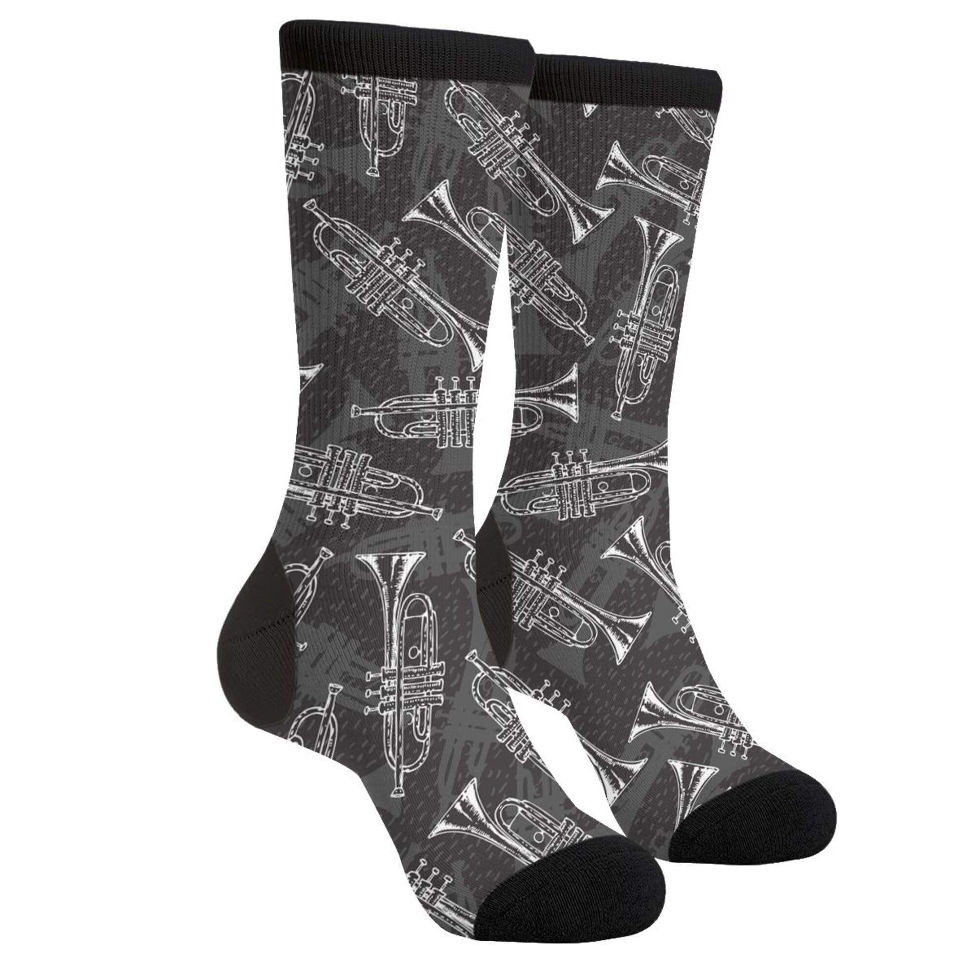 Fun Novelty Crazy Trumpet Sketch Crew Socks for Women & Men - Black & White Dress Socks - Perfect for Costume Parties, Music Performances & Unique Gifts