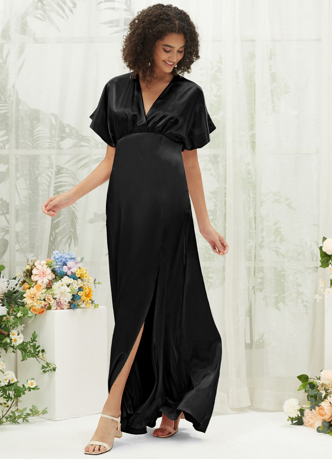 Elegant Black V-Neck Short Sleeve Satin Maxi Bridesmaid Dress with High Slit - Perfect for Weddings, Formal Events & Evening Parties