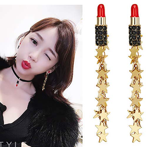 Sexy Red Lipstick Pin Earrings for Women - Long Star Tassel Fringe Drop Dangle Earrings - Wedding & Party Jewelry - Perfect for Date Nights, Prom, and Special Occasions