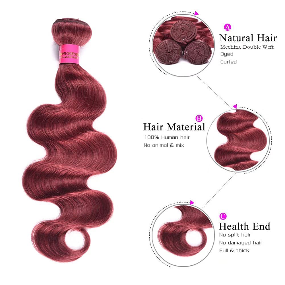 Brazilian Body Wave Virgin Human Hair Bundles - 8A Grade Soft Wine Red Hair Extensions (4 Bundles, 24