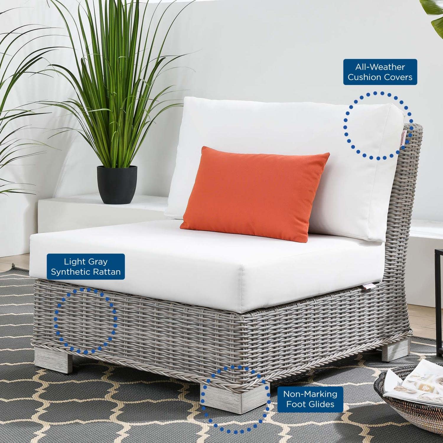 Conway Outdoor Patio Wicker Rattan Armless Chair - Light Gray White - Weather-Resistant All-Weather Lounge Chair for Garden, Poolside, Balcony & Backyard Relaxation
