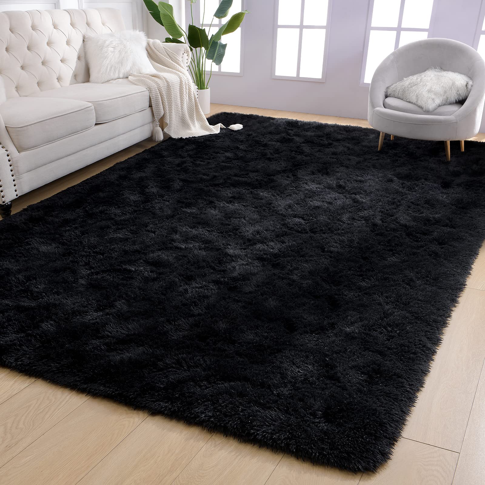 AROGAN 5x8 Feet Luxury Large Area Rugs - Super Soft Fluffy Shaggy Rug for Living Room, Bedroom, Playroom, Dorm & Nursery Decor - Black Plush Fuzzy Carpet for Kids, Girls & Teens - Perfect for Cozy Home Decor, Family Gatherings and Play Areas