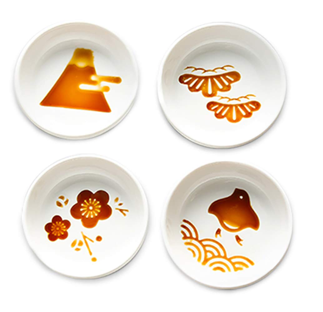 4-Piece Ceramic Japanese Relief Seasoning Dishes - 3-Inch Small Appetizer Plates for Sushi, Soy Sauce, Wasabi & Condiments - Perfect for Asian Dining, Party Serving & Home Kitchen Use